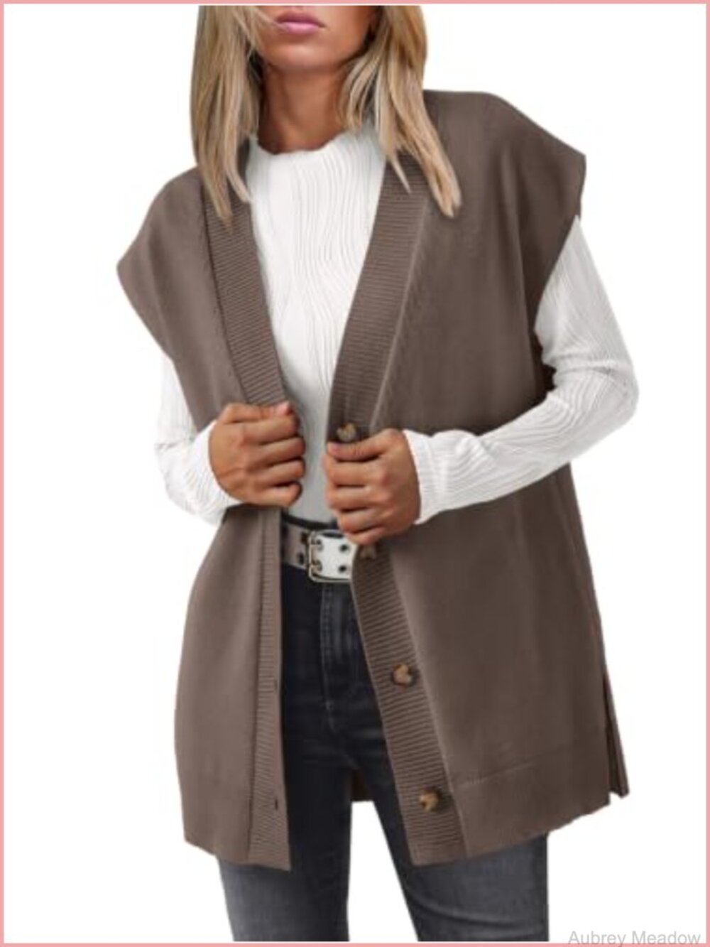 Oversized Ribbed Knit Sweater Vest Button Up V-Neck Cap Sleeve